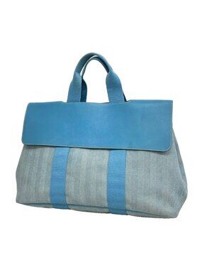 Hermes Tote Bag Valparaiso MM Toile Chevron Blue Jean Silver